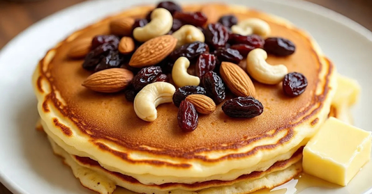 Dry Fruit Pancakes with Saffron Syrup