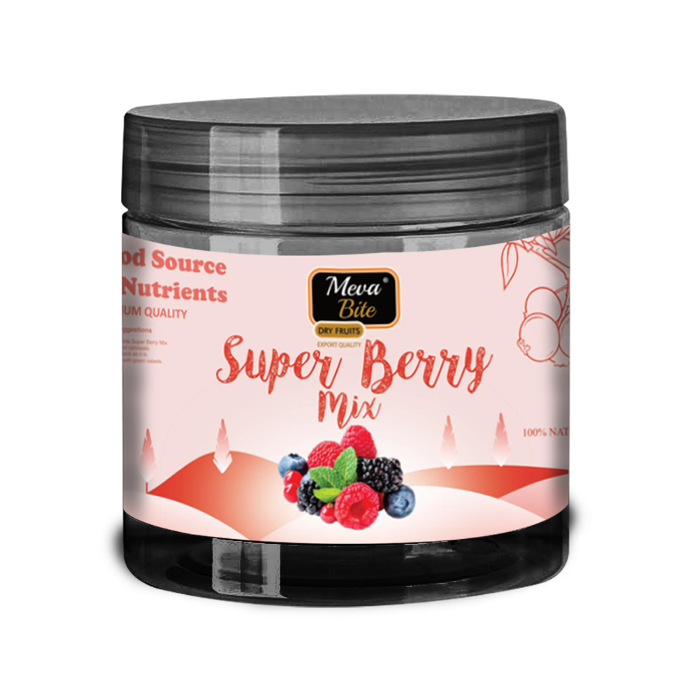 SUPER BERRY MIXBuy Super Berry Mix Online
MevaBite Exotic Range of Super Berry Mix which includes Dried Blueberry, Dried Cherry Dried Strawberry, and Dried Raisins. It is a healthy